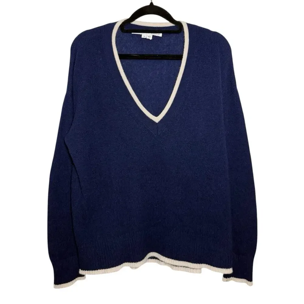 Veronica Beard Navy Blue Cream Trim Cashmere Preppy Cozy V Neck Sweater XS